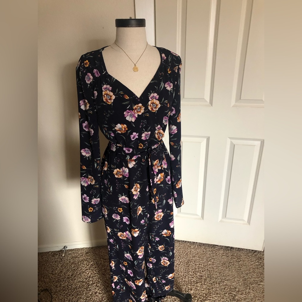 Silky navy floral jumpsuit.
